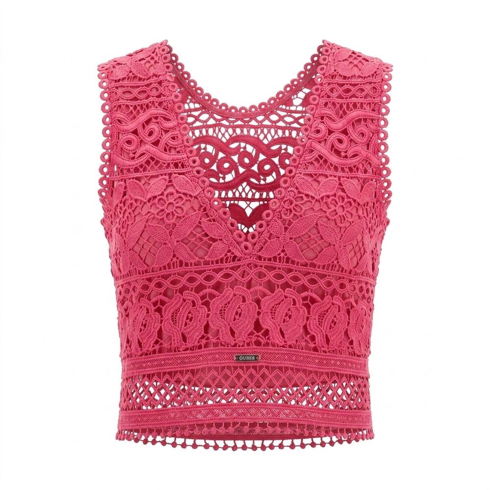 Guess Pink Crochet Lace V-Neck Cropped Tank Top Women Size XS